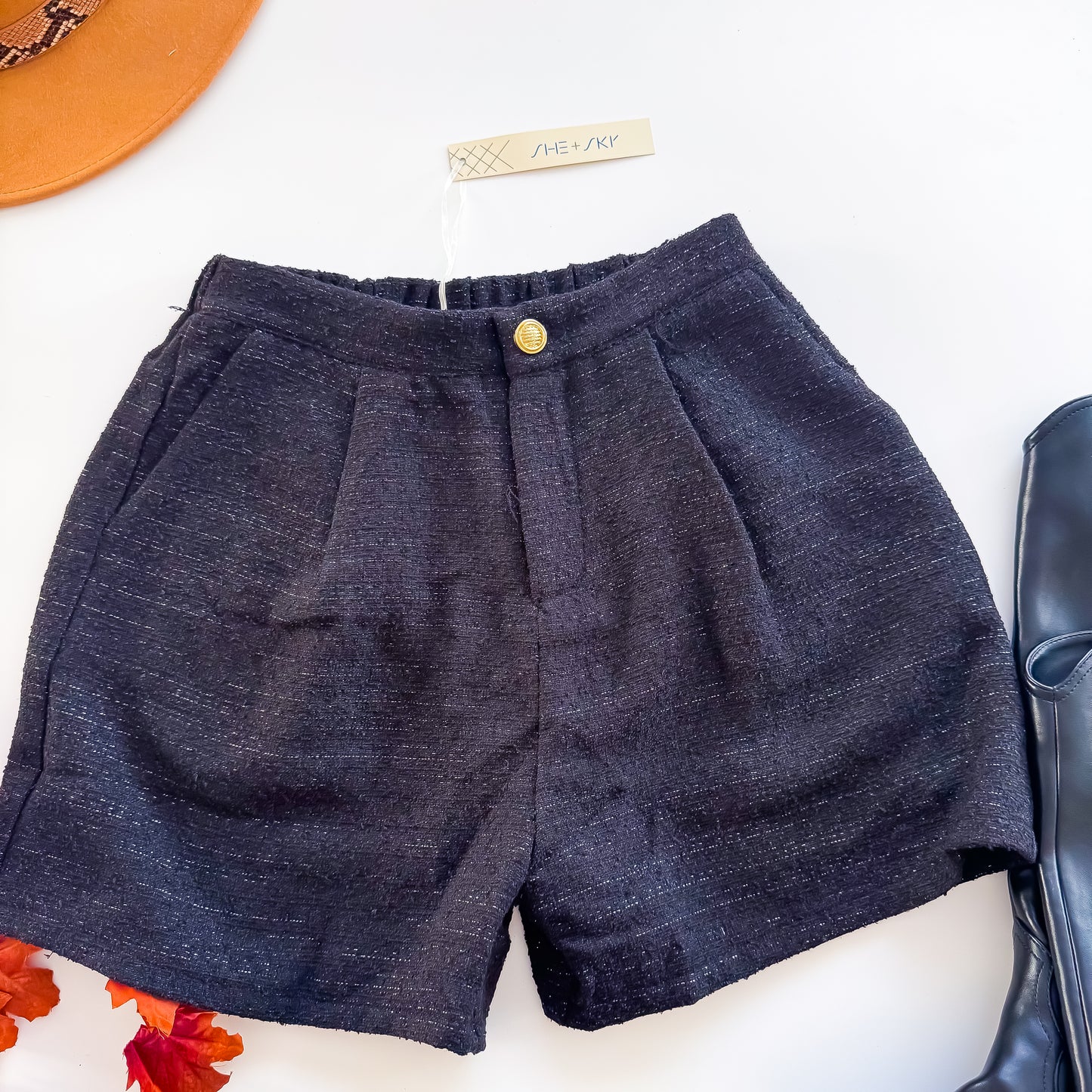 Black Tweed Shorts with Pockets