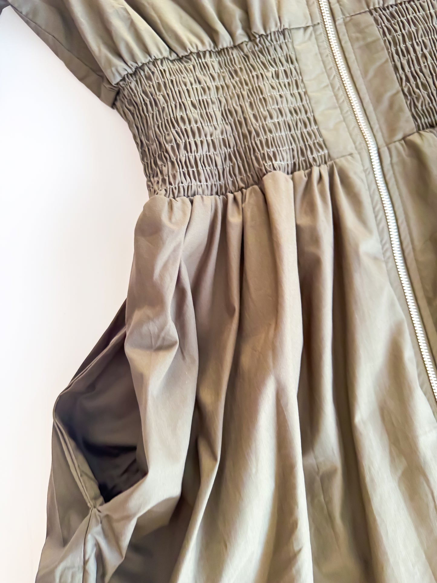 Olive Smocked Waist Zip-Front Midi Dress