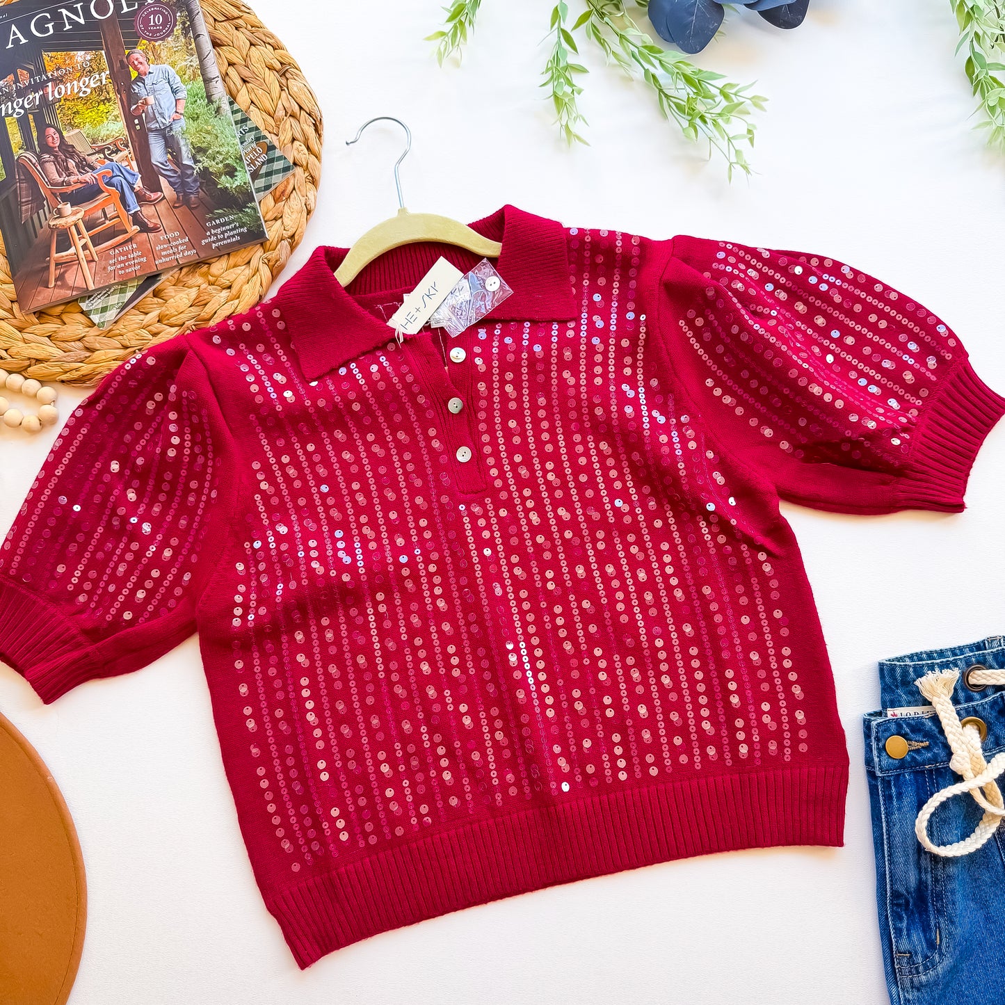 Wine Sequin Polo Sweater