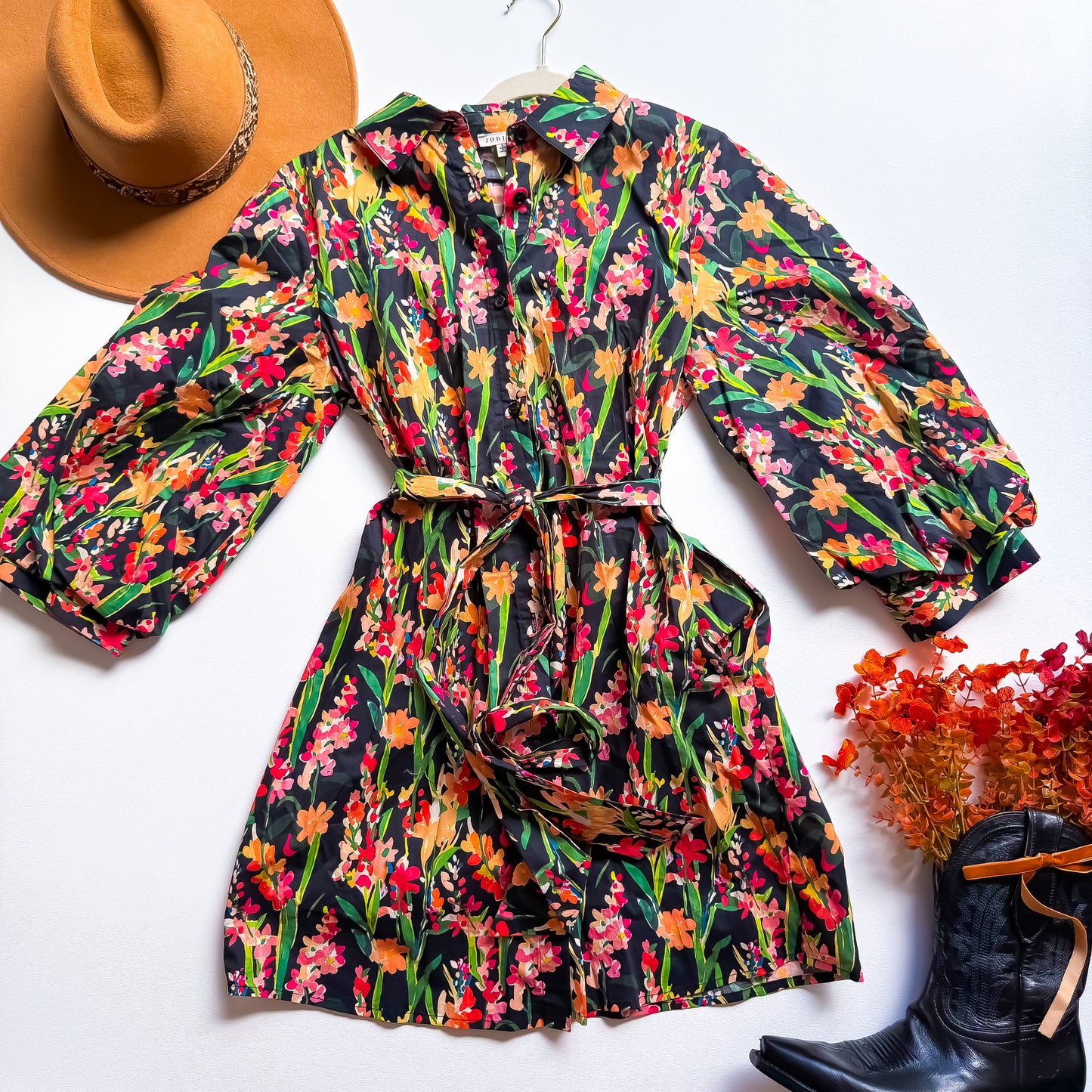 Black Colorful Floral Long Sleeve Puff Dress