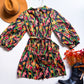 Black Colorful Floral Long Sleeve Puff Dress