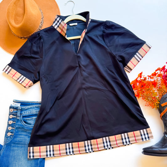 Black Plaid Trim Classic Top