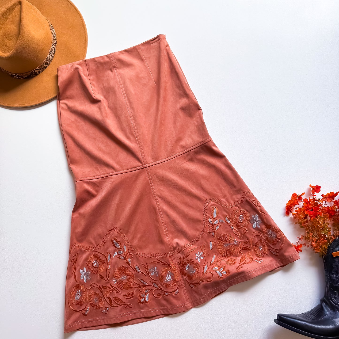 Faux Suede Floral Skirt