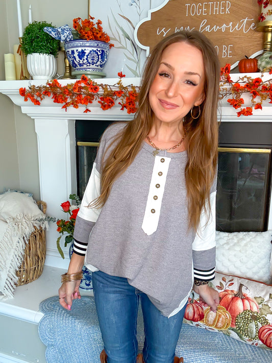 Blue B Grey Stripe Detail Top