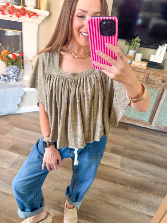 Blue B Taupe Floral Flowy Top