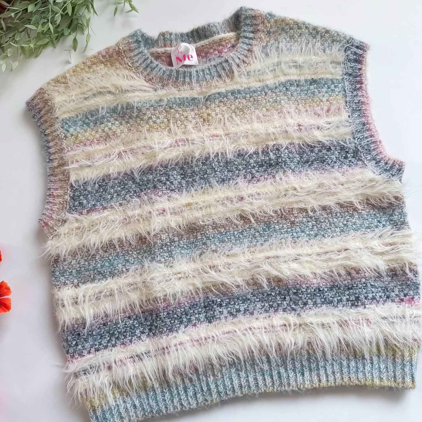 So Me/Bibi Blue and Cream Stripe fuzzy Sweater Vest