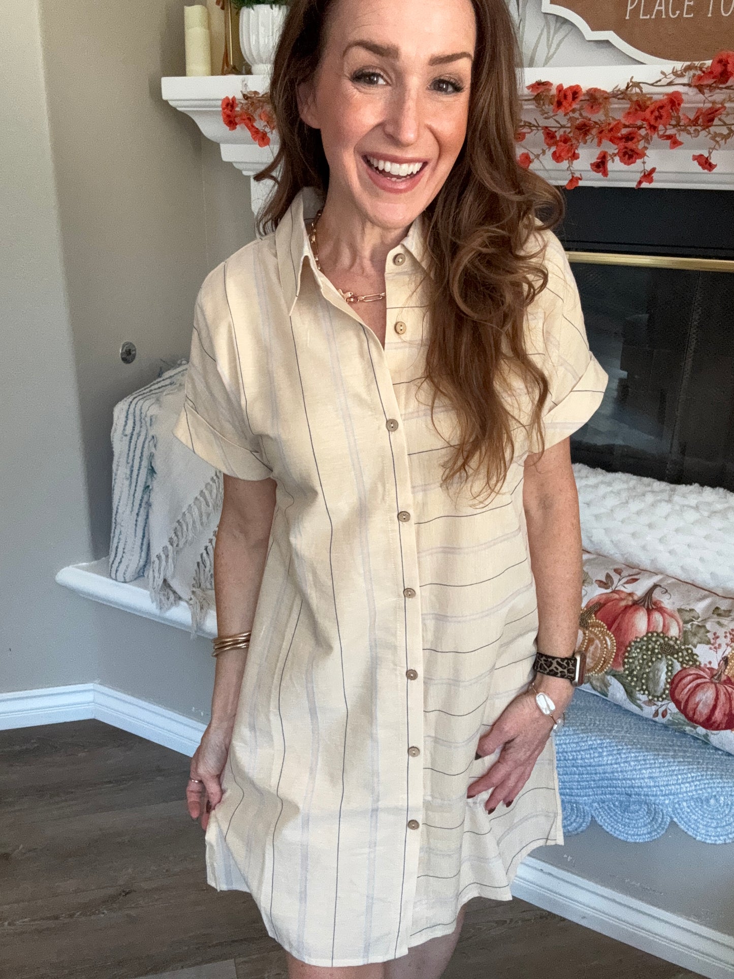 Cream Stripe Shirt Dress