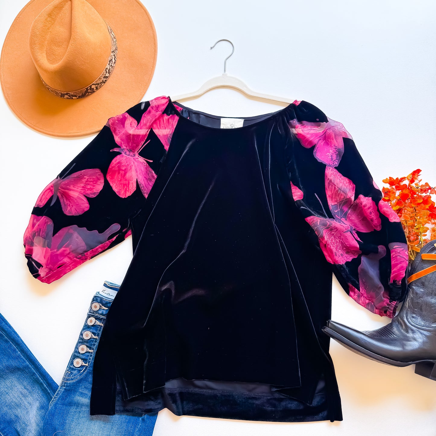 Black Velvet Pink Floral Statement Top