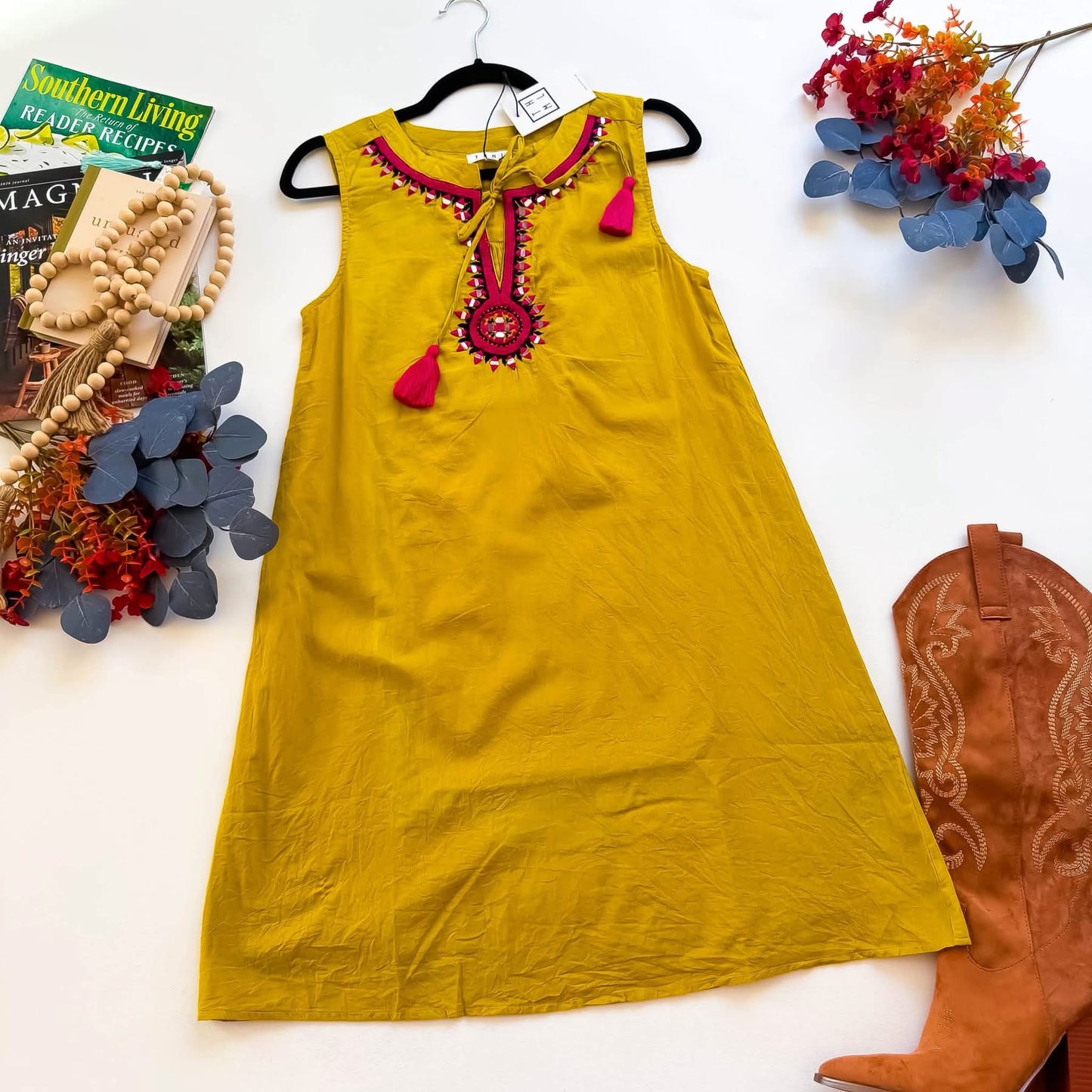 Marigold Tassel Embroidered Shift Dress