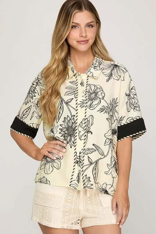 Cream & Black Floral Half Sleeve Button Down Shirt Top