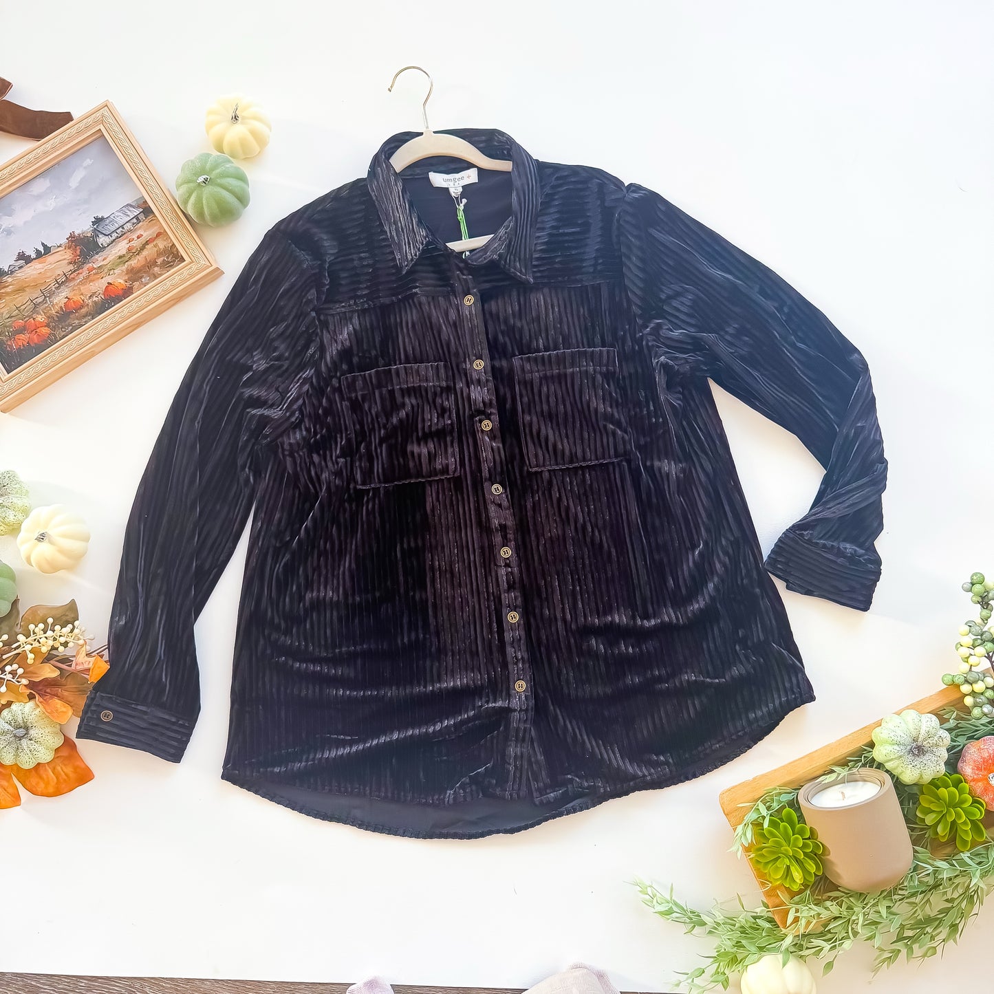 Midnight Velvet Ribbed Button-Up flat lay