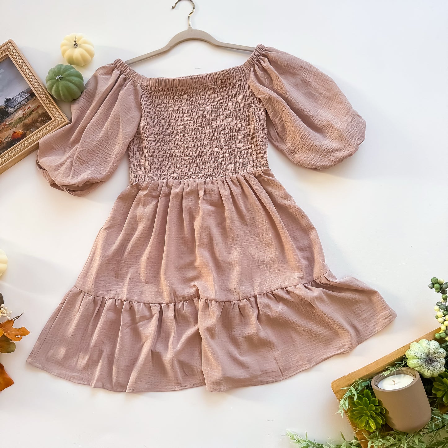 Sandstone Sweetheart Smocked Dress flat lay