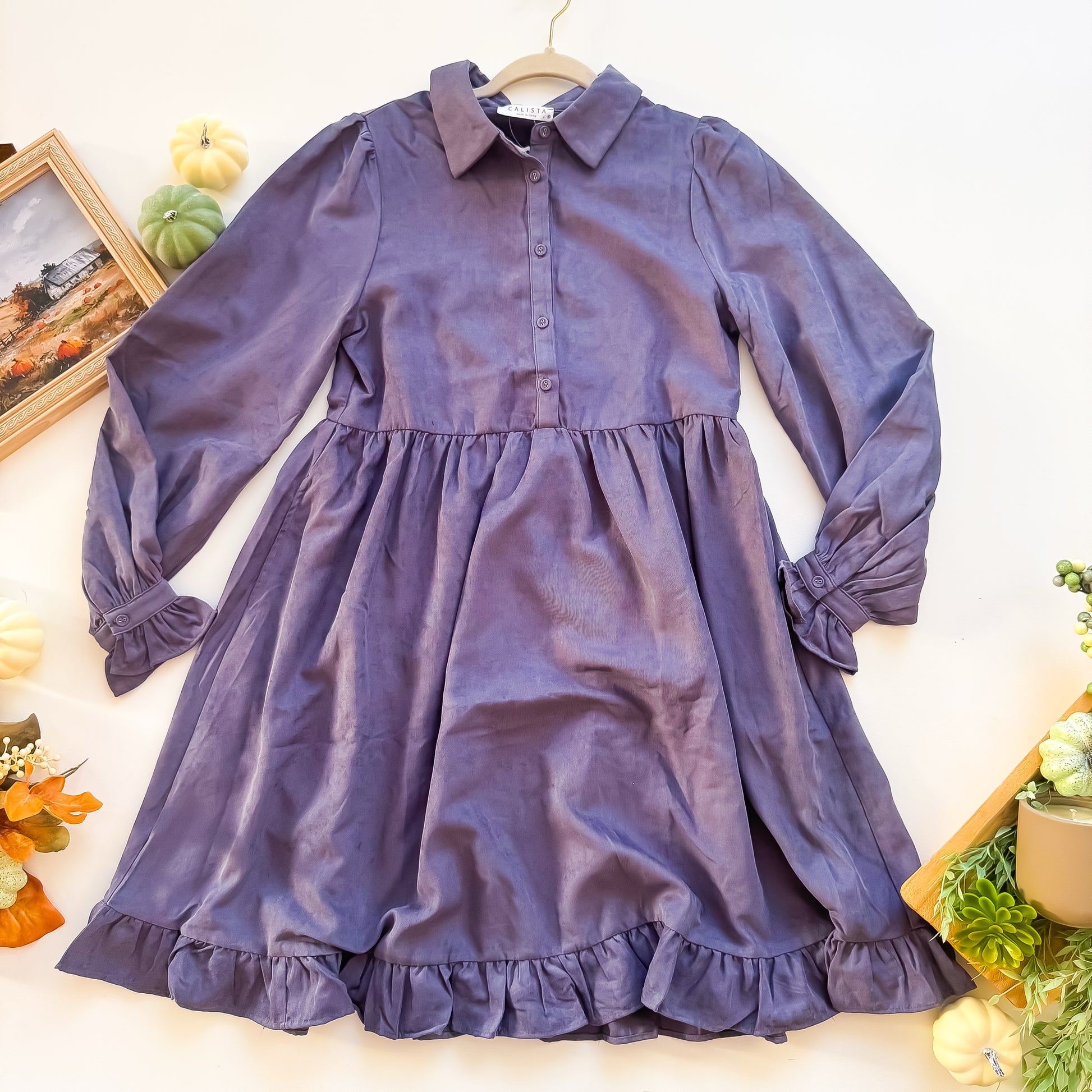 Plum Cider Ruffle Shirt Dress flat lay
