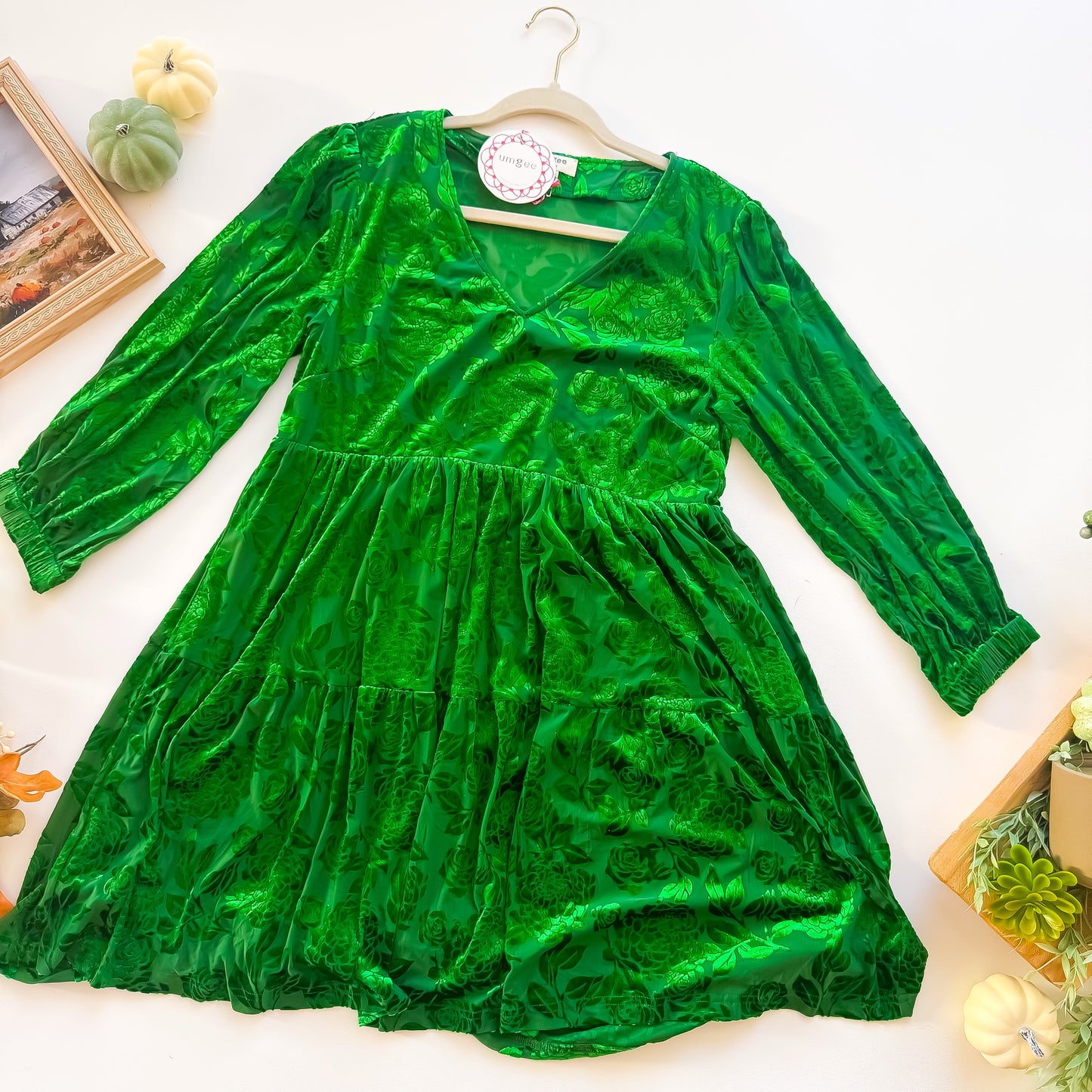 Emerald Evening Velvet Dress flat lay