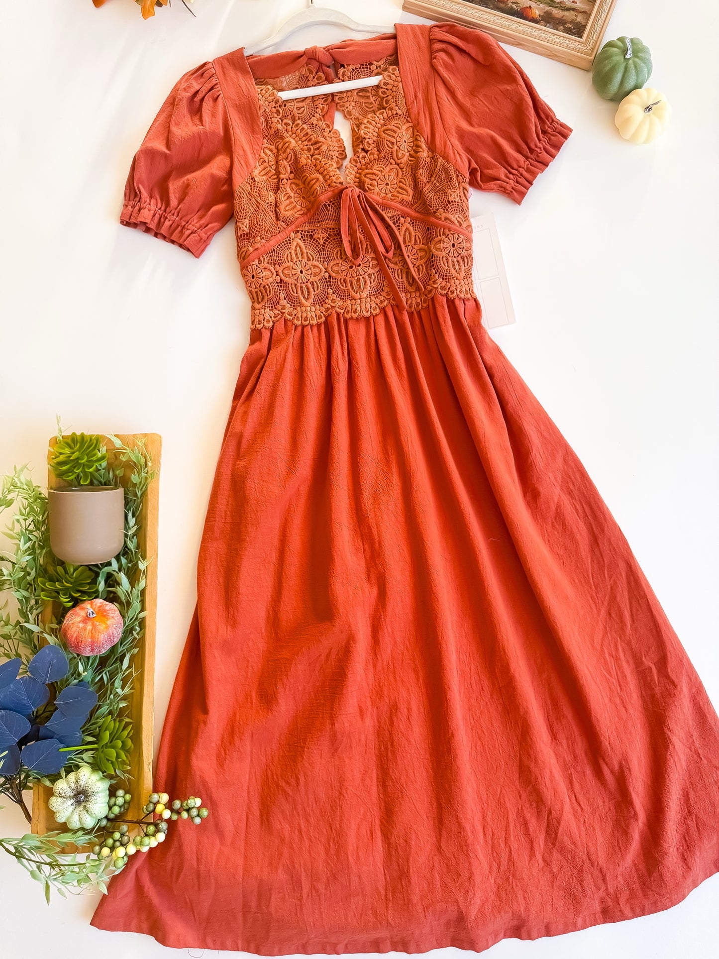 Pumpkin Patch Lace Midi Dress flat lay