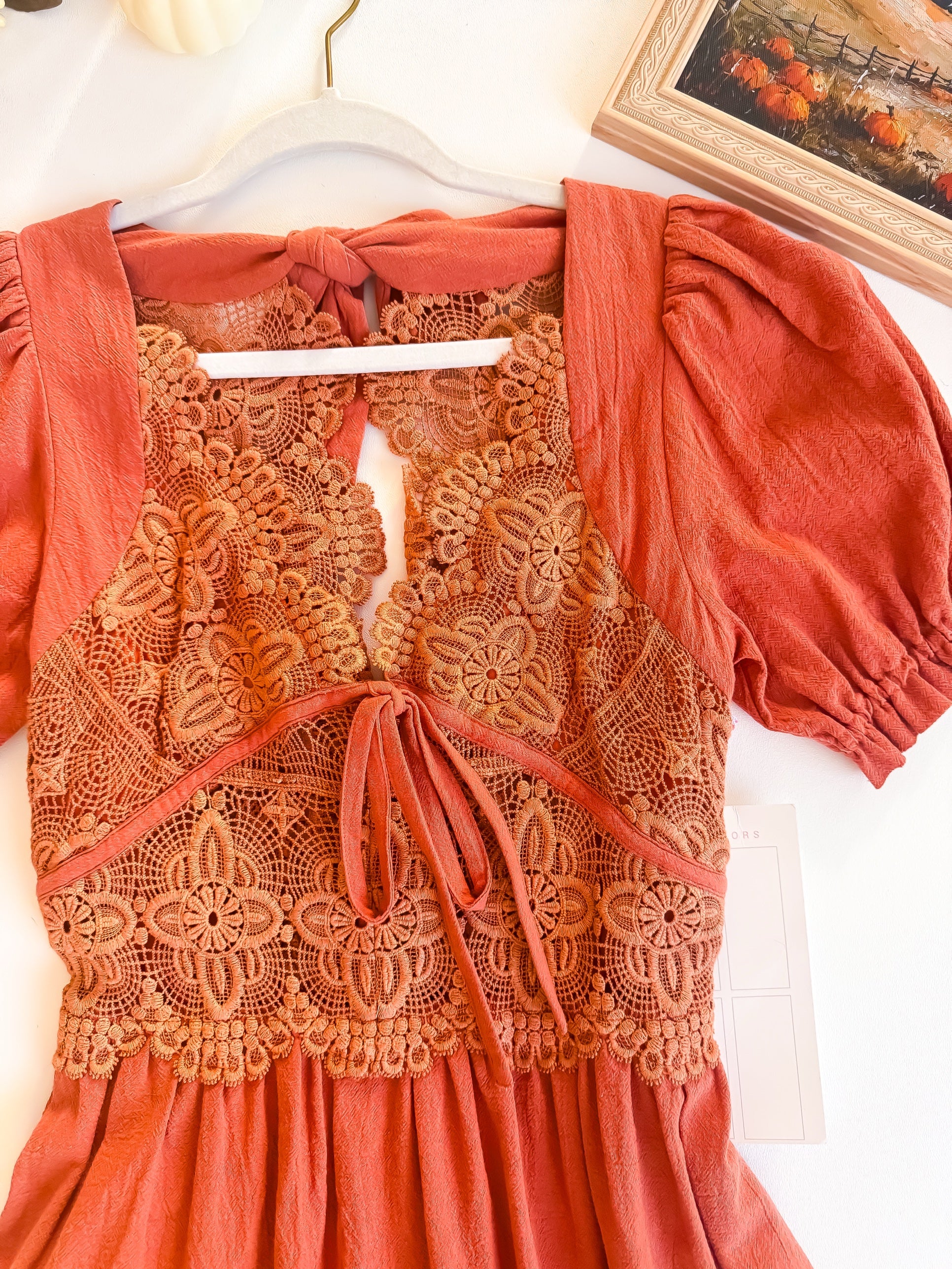 Crochet lace bodice and tie front detail