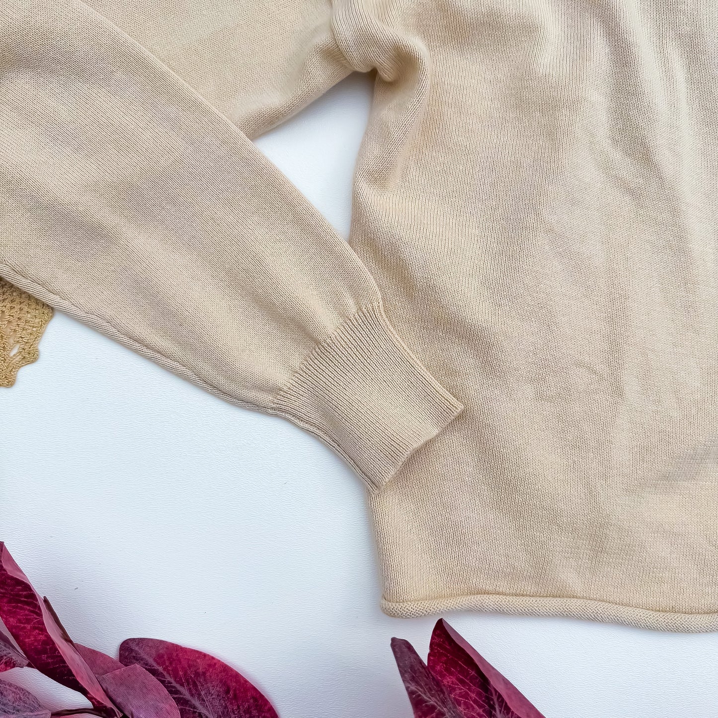 Oatmeal Latte Cropped Sweater ribbed cuff and rolled hem detail