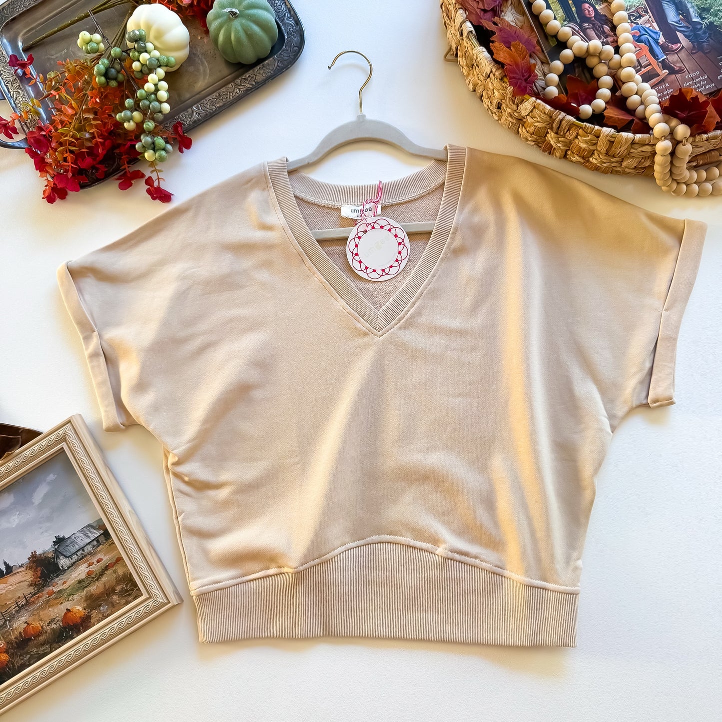 Oat Milk Cuffed V-Neck Sweatshirt Top