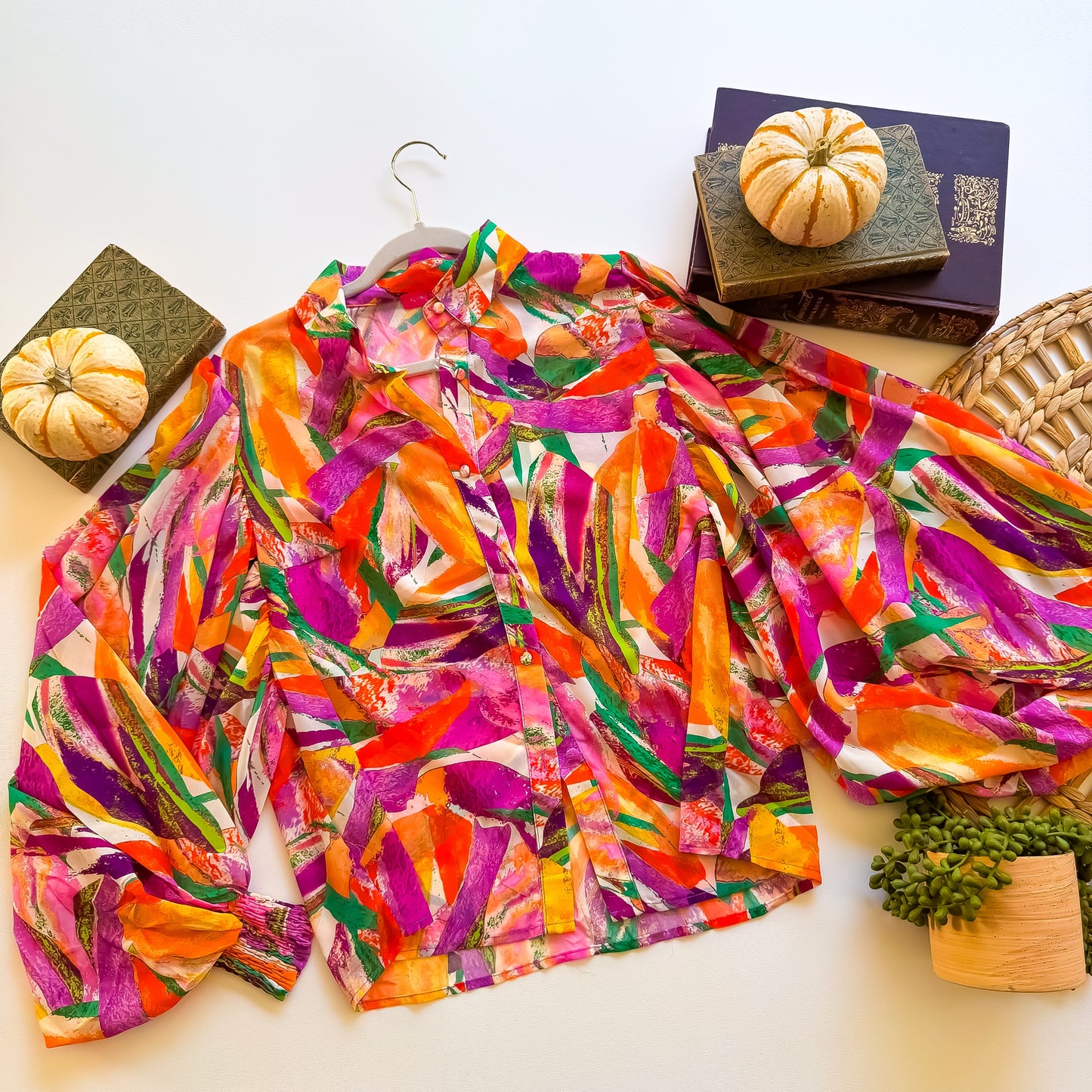 Autumn afterglow abstract print button-up blouse