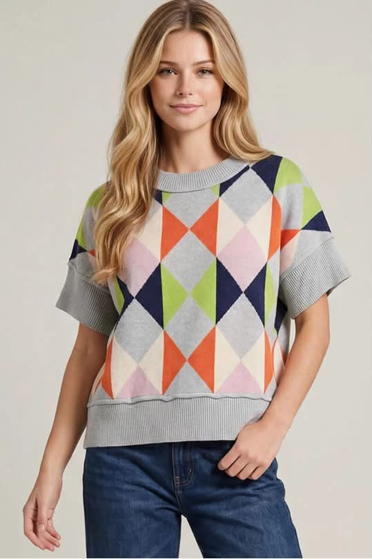 Grey Argyle Color Block Short Sleeve Sweater