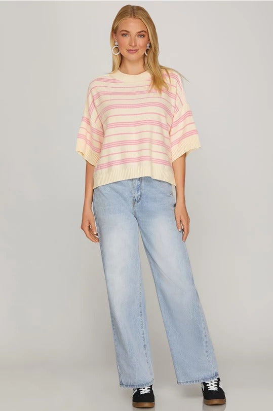 Drop Half Sleeve Round Neck Striped Knit Sweater Top