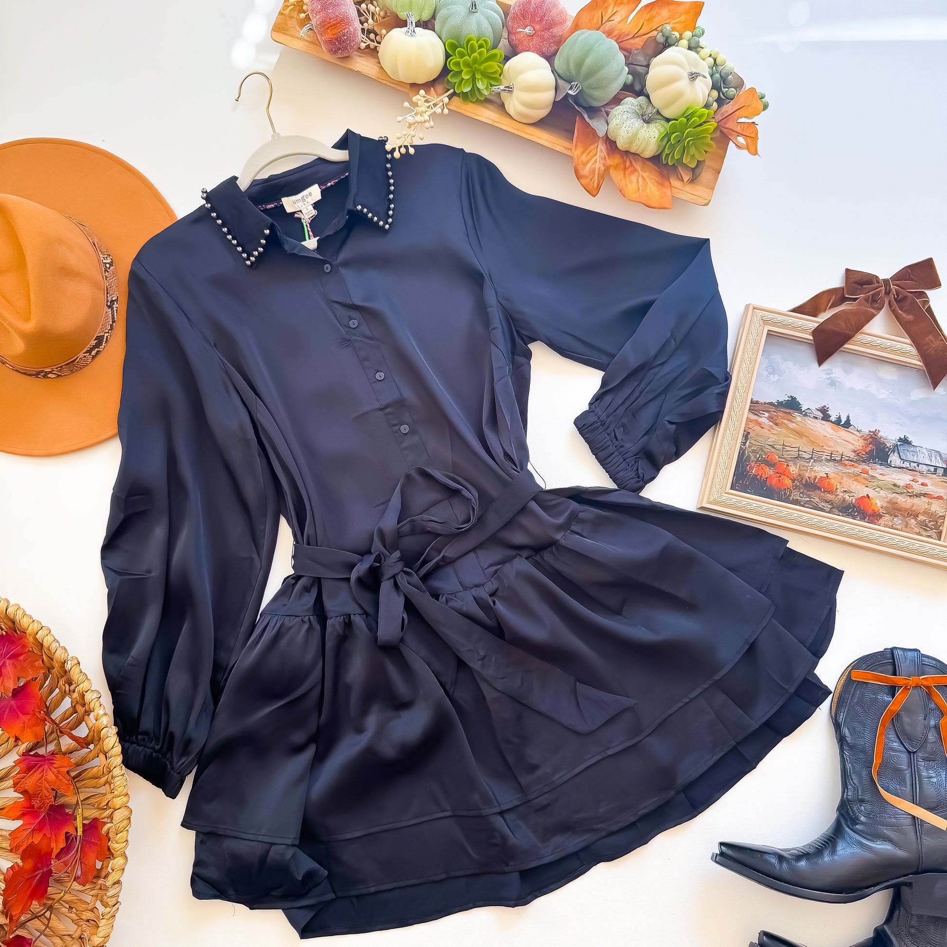 Black satin beaded collar belted tiered shirt dress flat lay