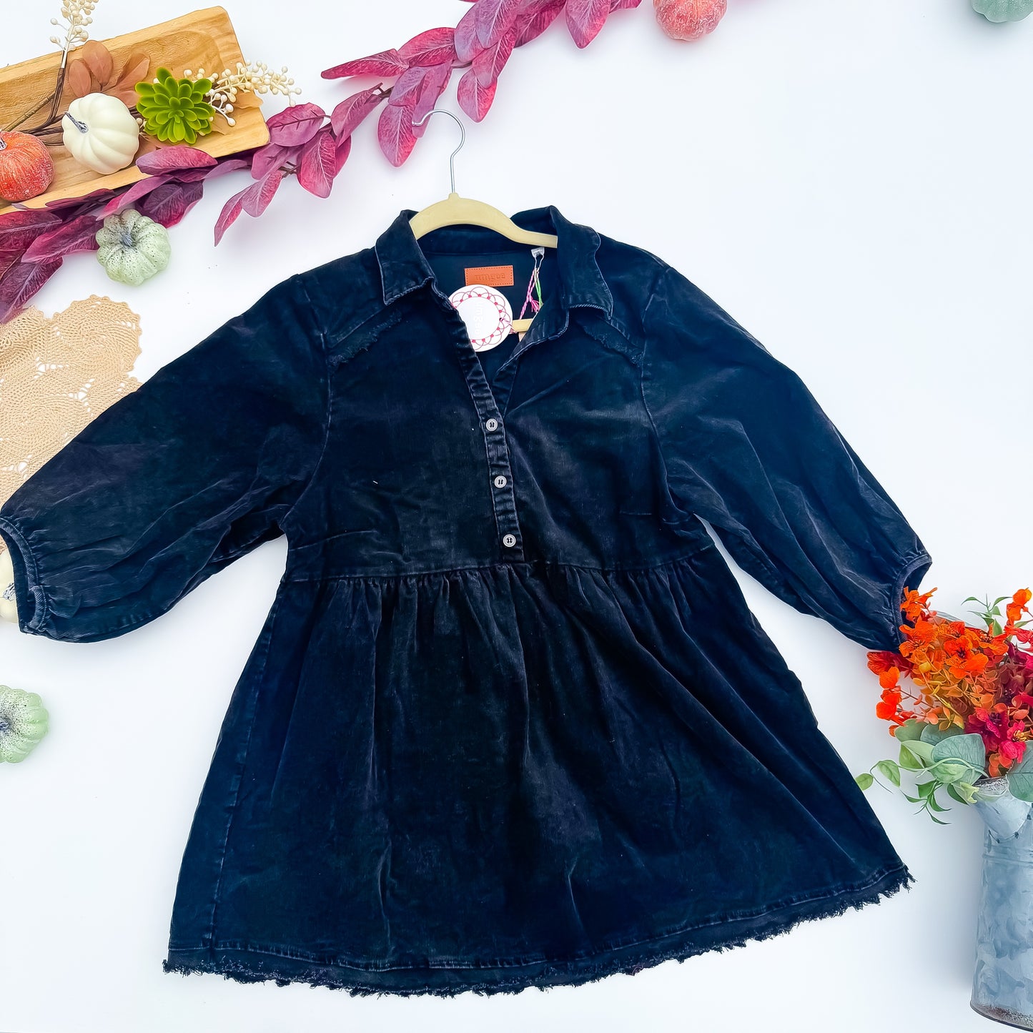 Midnight Black Mineral Wash Corduroy Babydoll Dress by Umgee