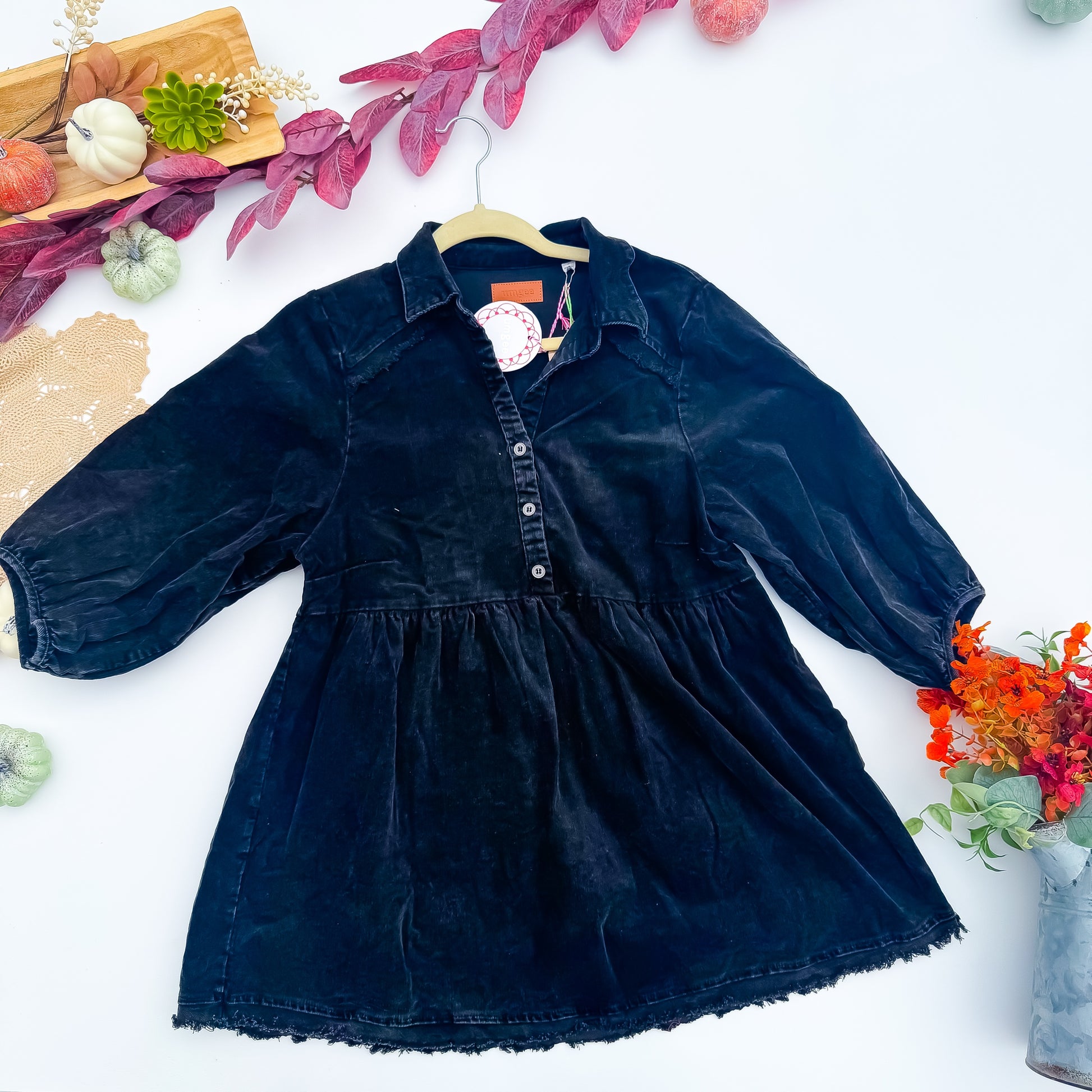 Midnight Black Mineral Wash Corduroy Babydoll Dress by Umgee