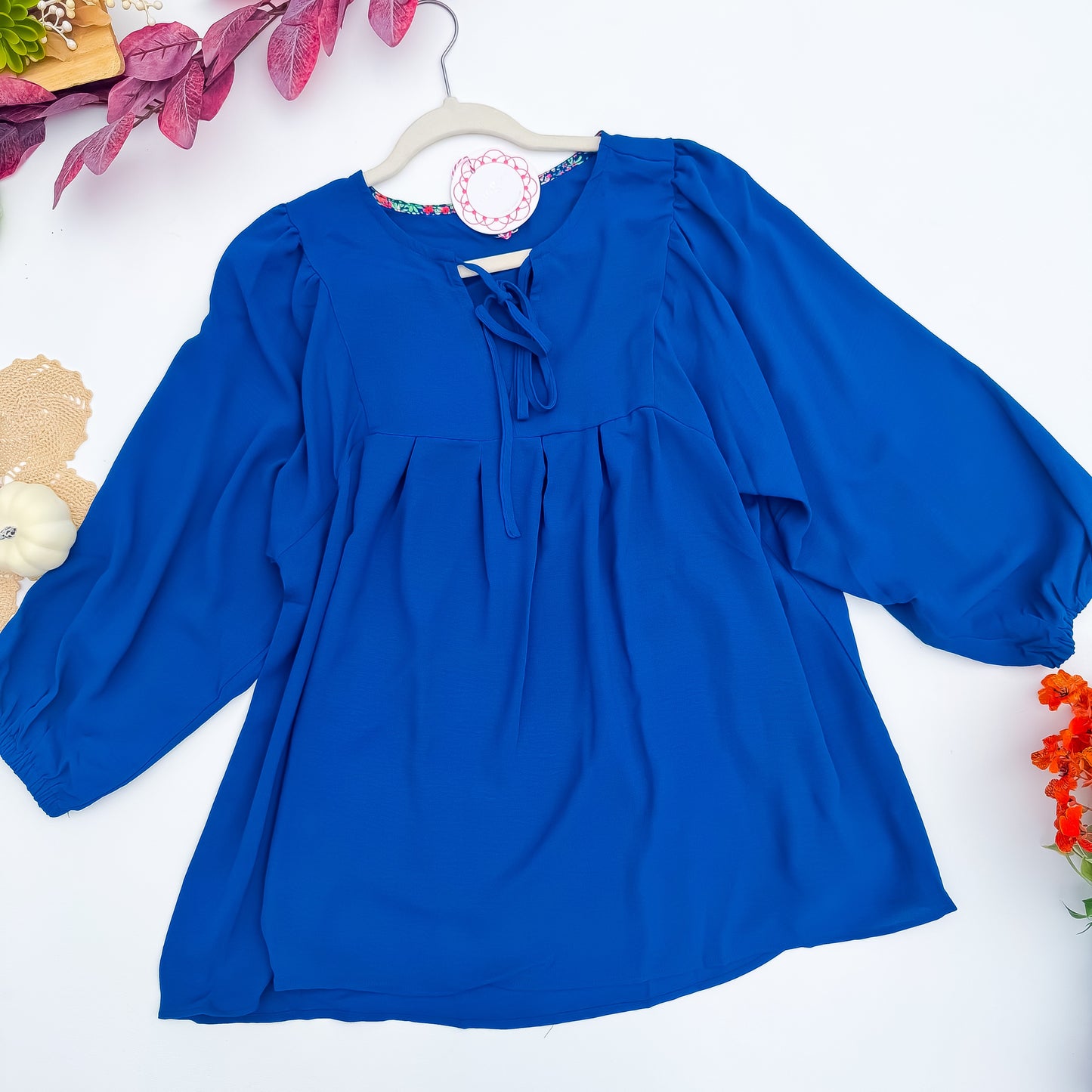 Bluebell Blooms Tie-Neck Babydoll Blouse