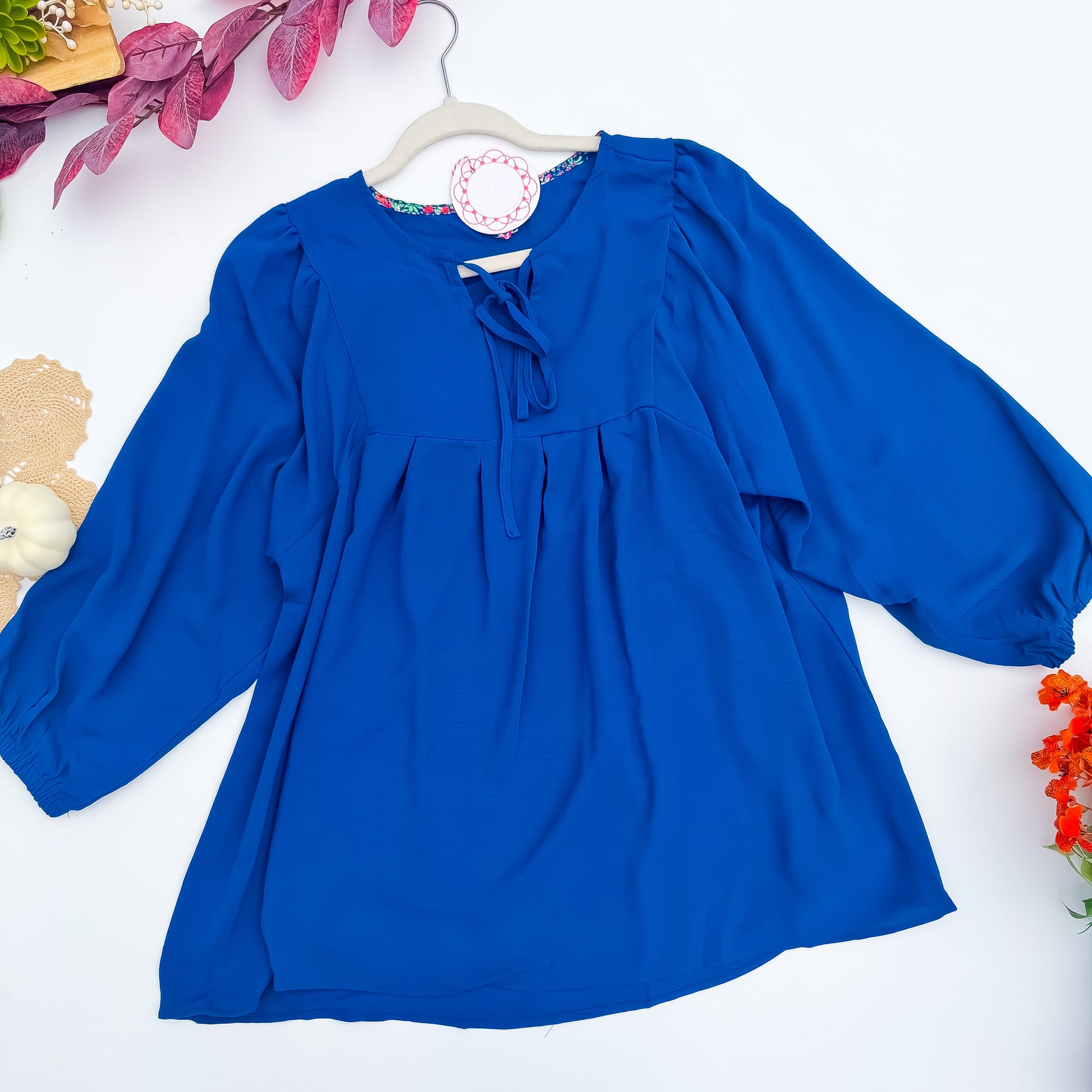Bluebell Blooms Tie-Neck Babydoll Blouse