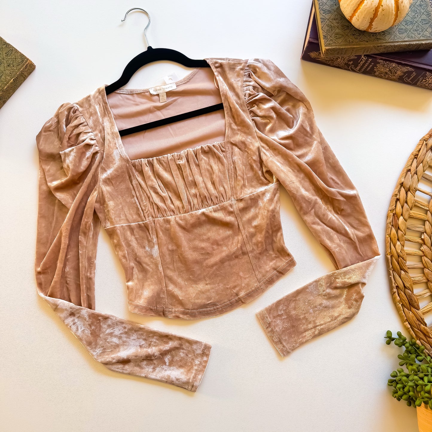 Blush velvet square neck puff sleeve top