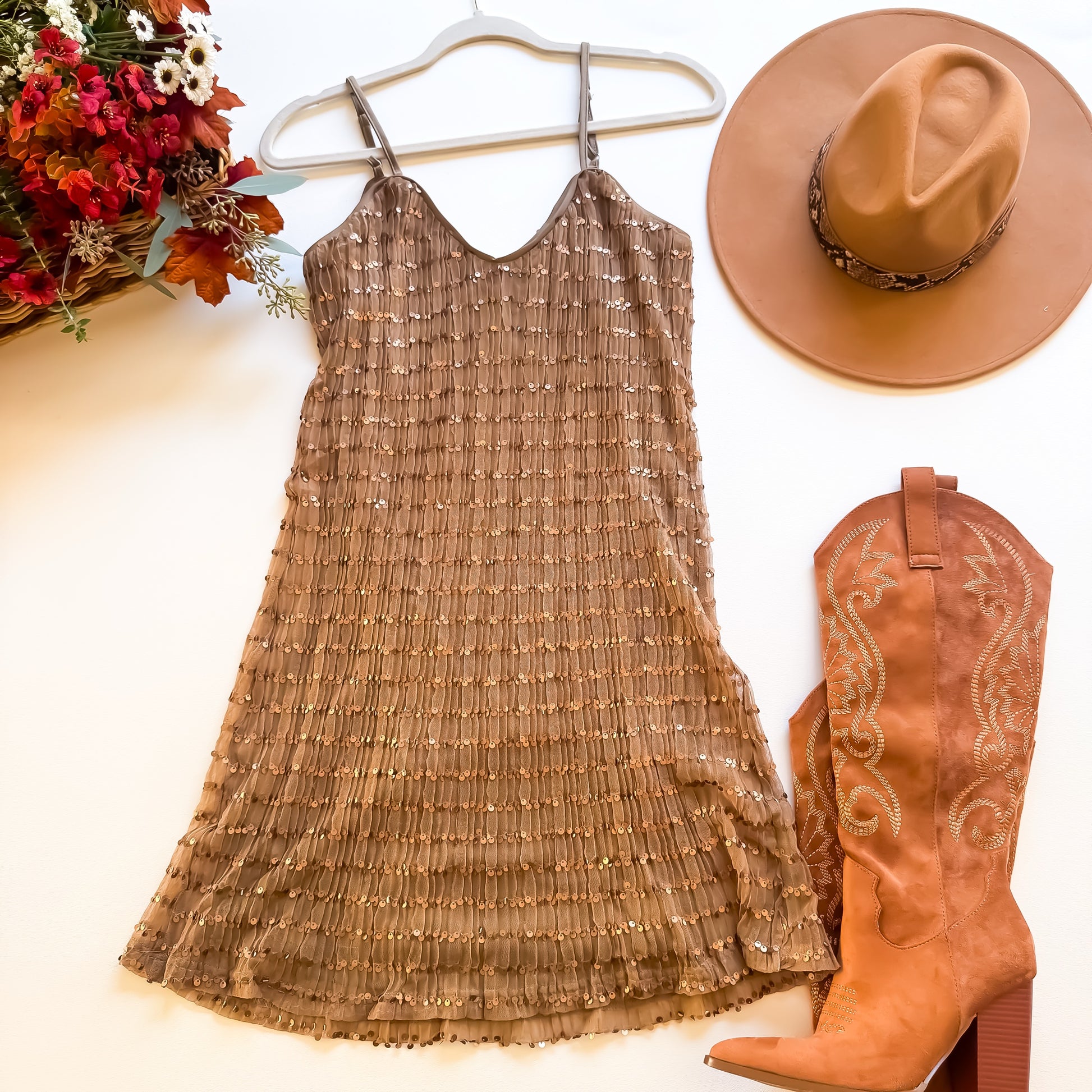 Bronze sequin cami mini dress flat lay