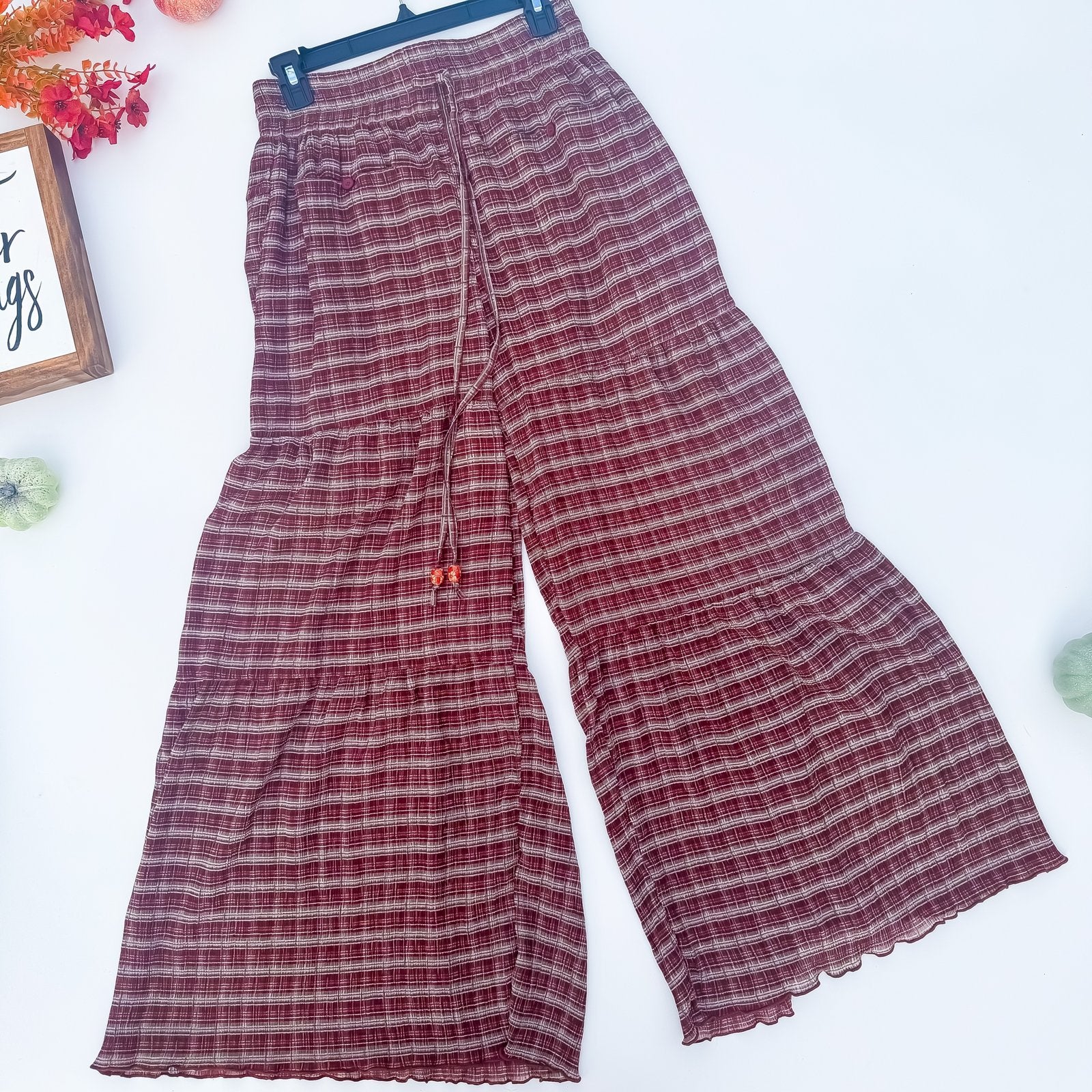 Burgundy Bonfire Tiered Plaid Wide-Leg Pants