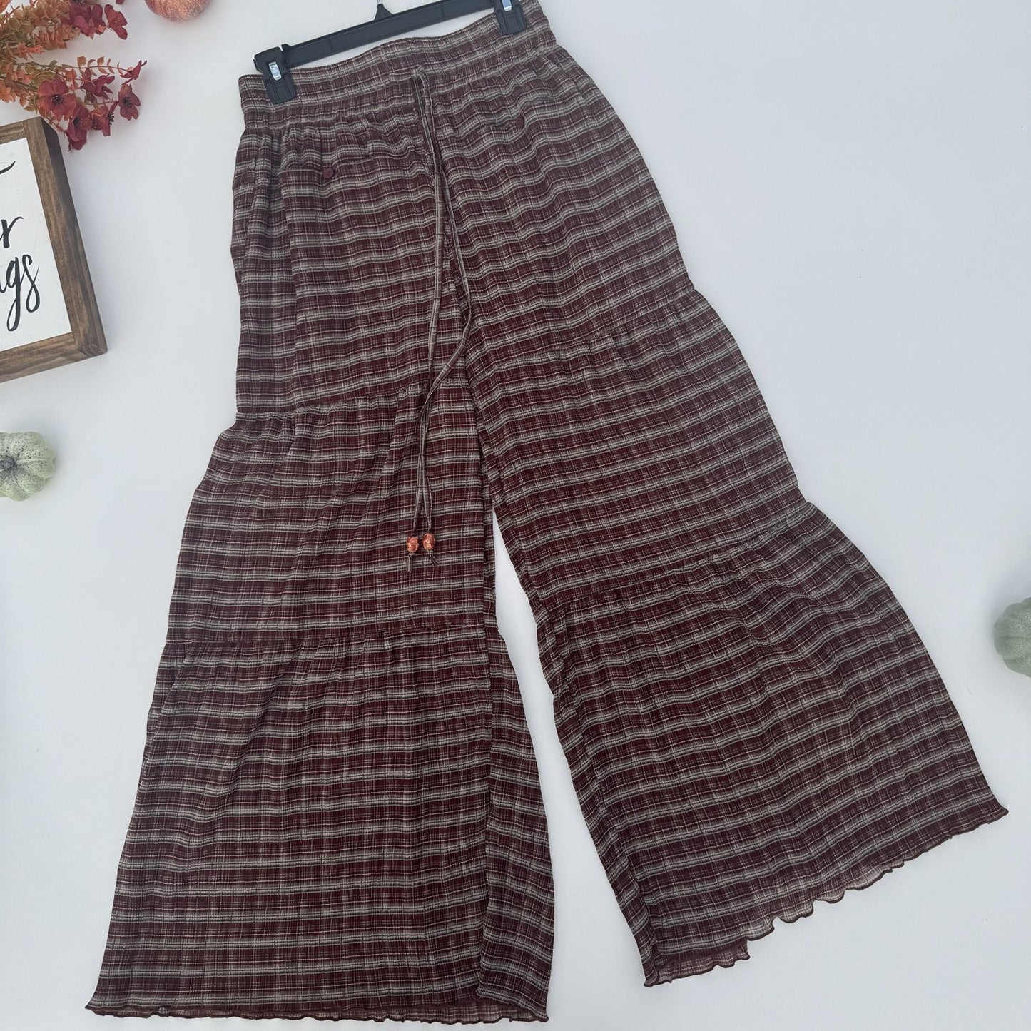 Burgundy Bonfire Tiered Plaid Wide-Leg Pants