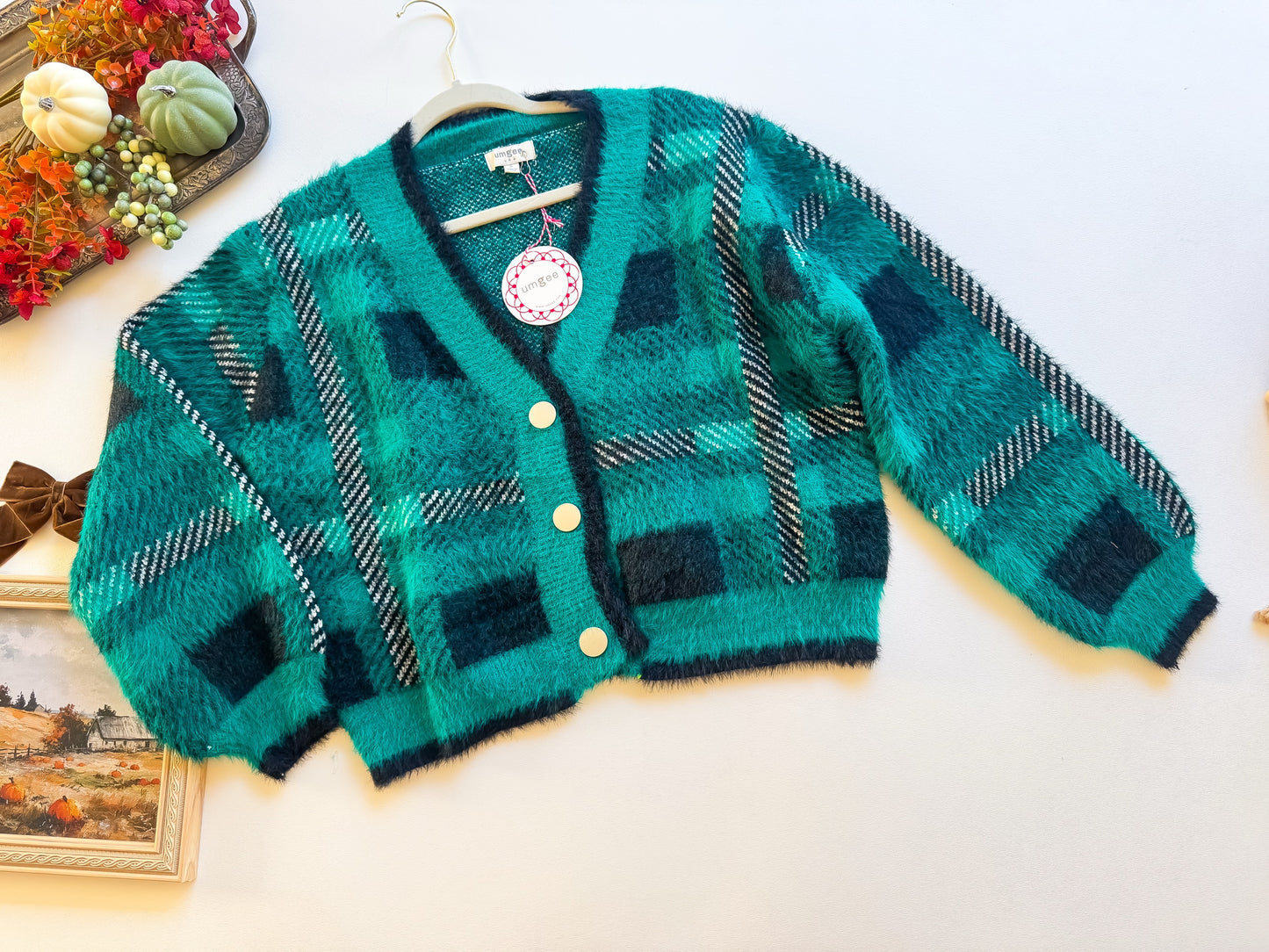Emerald Pines Plaid Fuzzy Cardigan flat lay
