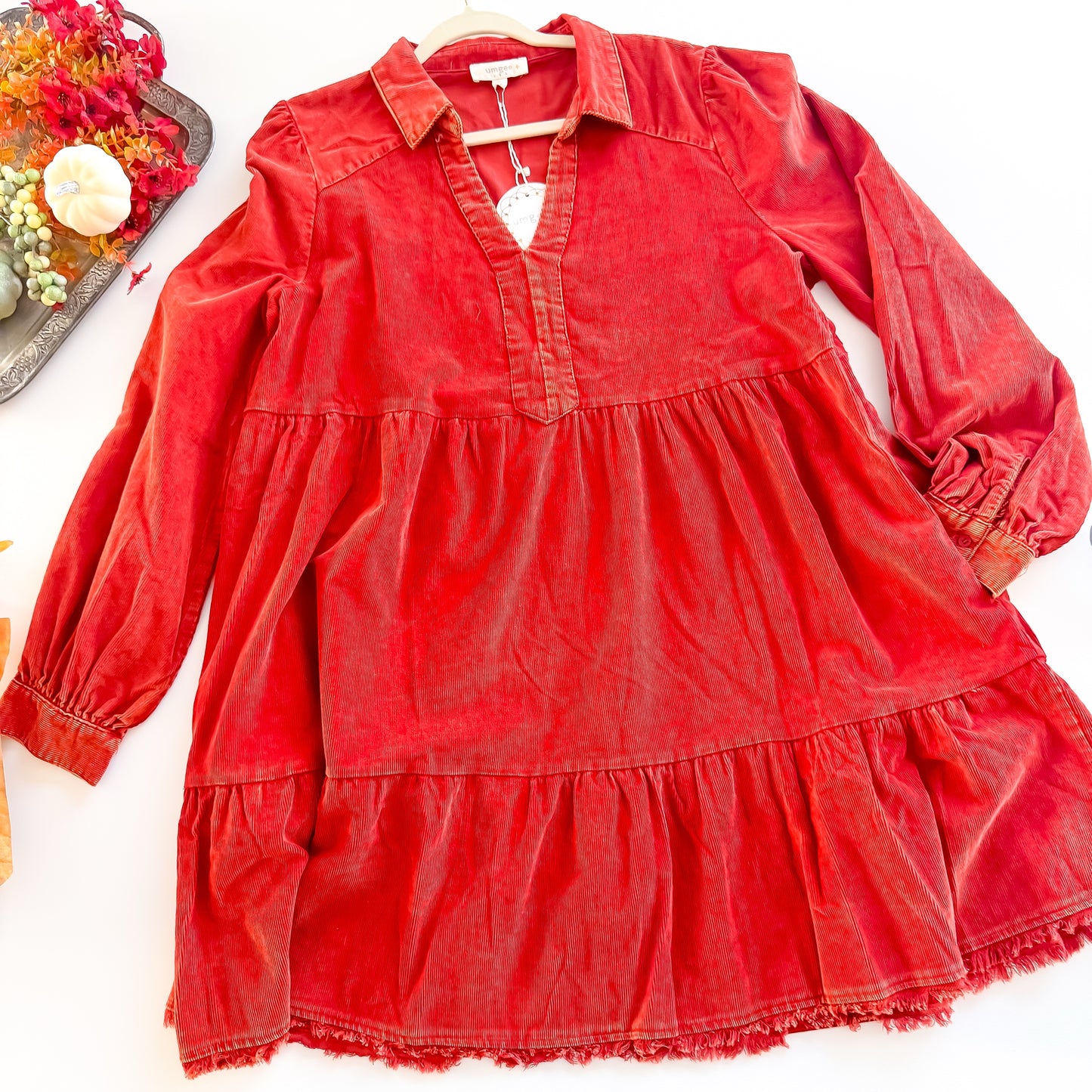 Rust corduroy tiered frayed hem dress