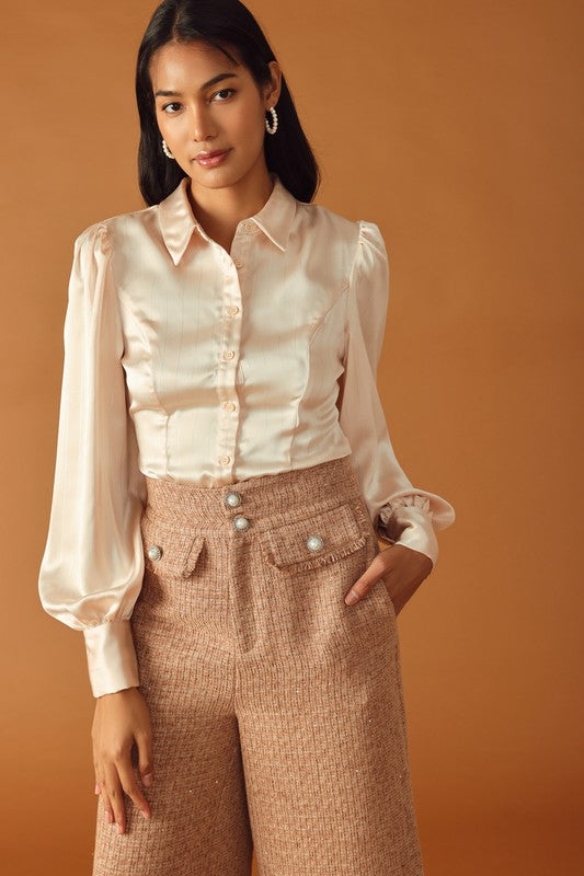 Champagne toast cream satin pinstripe balloon sleeve blouse