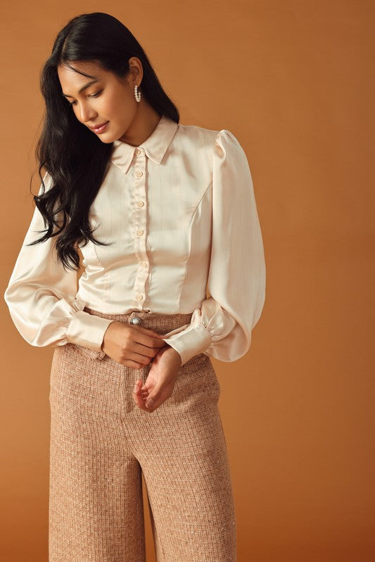 Champagne toast cream satin pinstripe balloon sleeve blouse