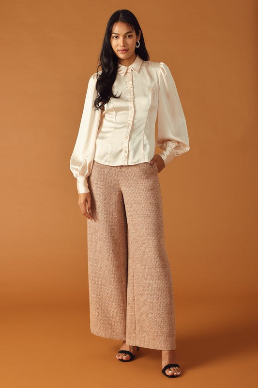 Champagne toast cream satin pinstripe balloon sleeve blouse