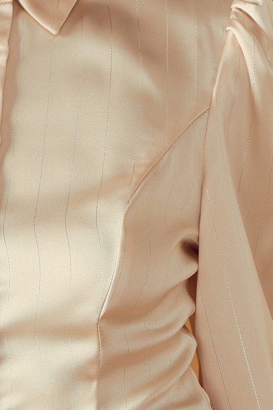 Champagne toast cream satin pinstripe balloon sleeve blouse