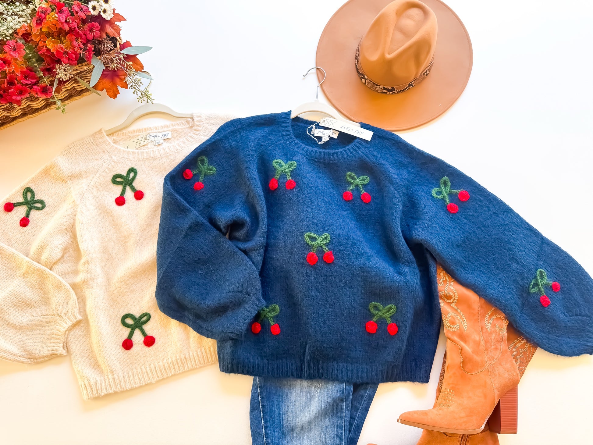 Cherry Print Long Sleeve Sweater cream and navy