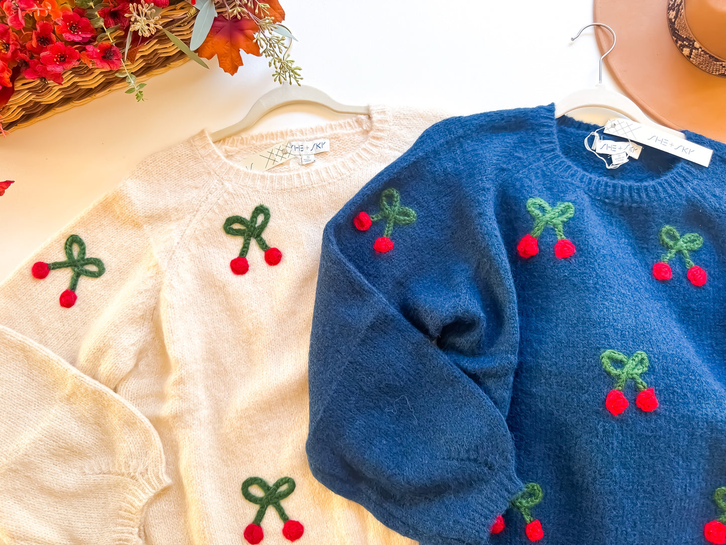 Cherry Print Long Sleeve Sweater cream and navy detail