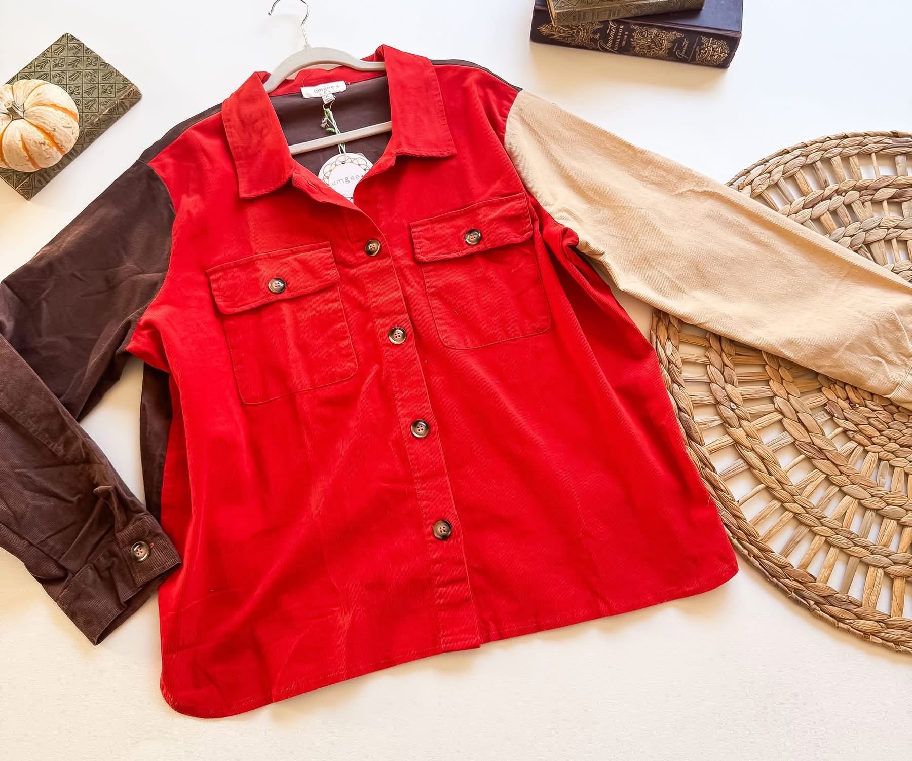 Rust corduroy color block shacket with brown and tan sleeves