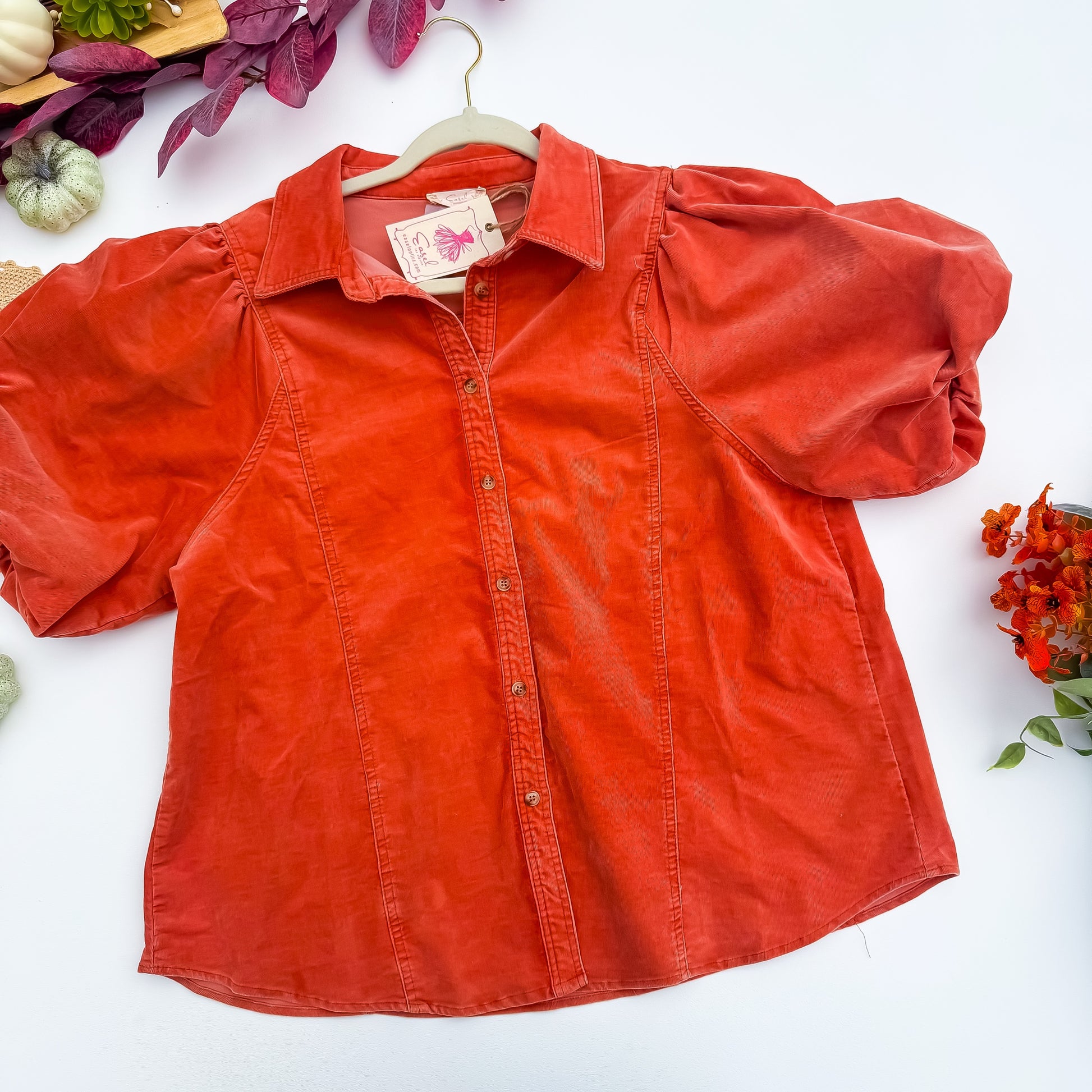Spiced Cider Corduroy Puff Sleeve Top in rust by Easel