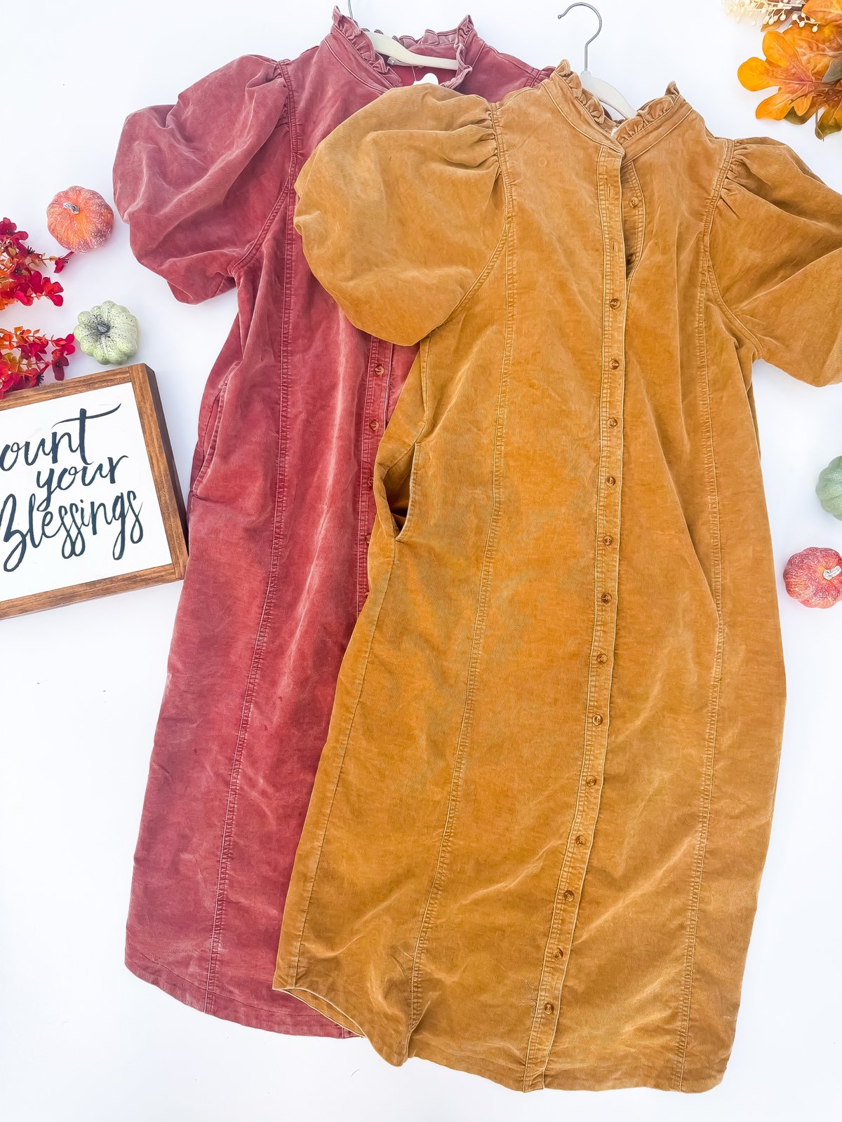Cocoa & Cornfields Corduroy Midi Dress - Rosewood and Camel