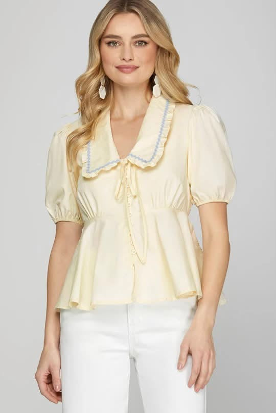 Cream Doll Collar Button Up Top with Ric Rac Trim