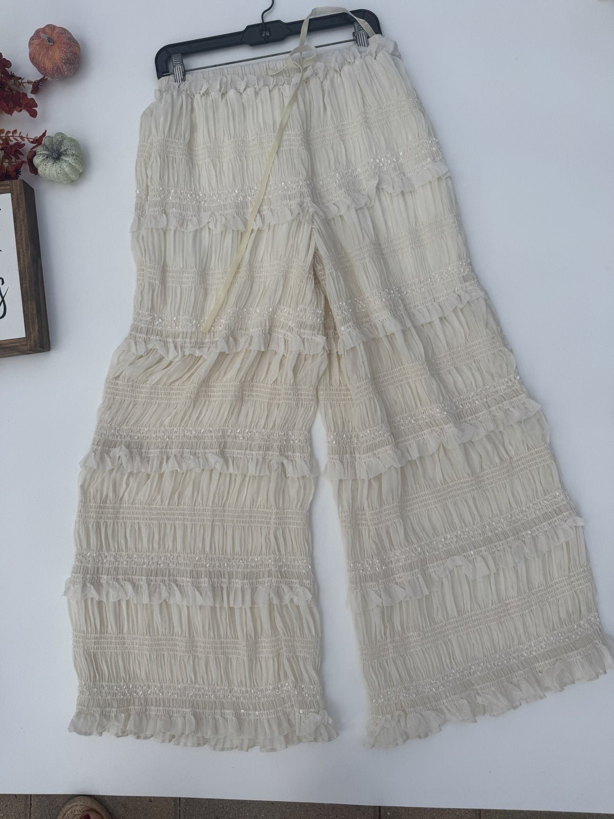 Cream Cozy Smocked Ruffle Wide-Leg Pants
