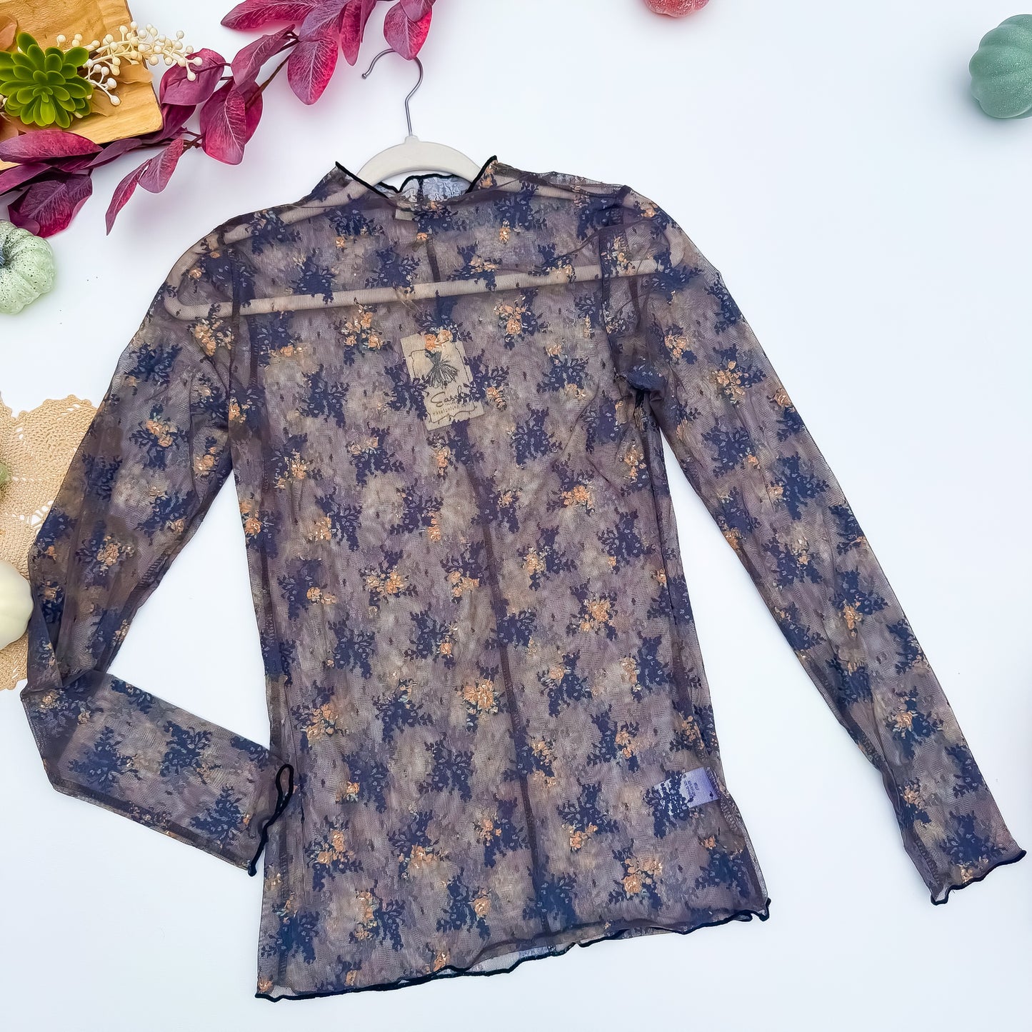 Midnight Blooms Sheer Floral Mesh Mock Neck Top