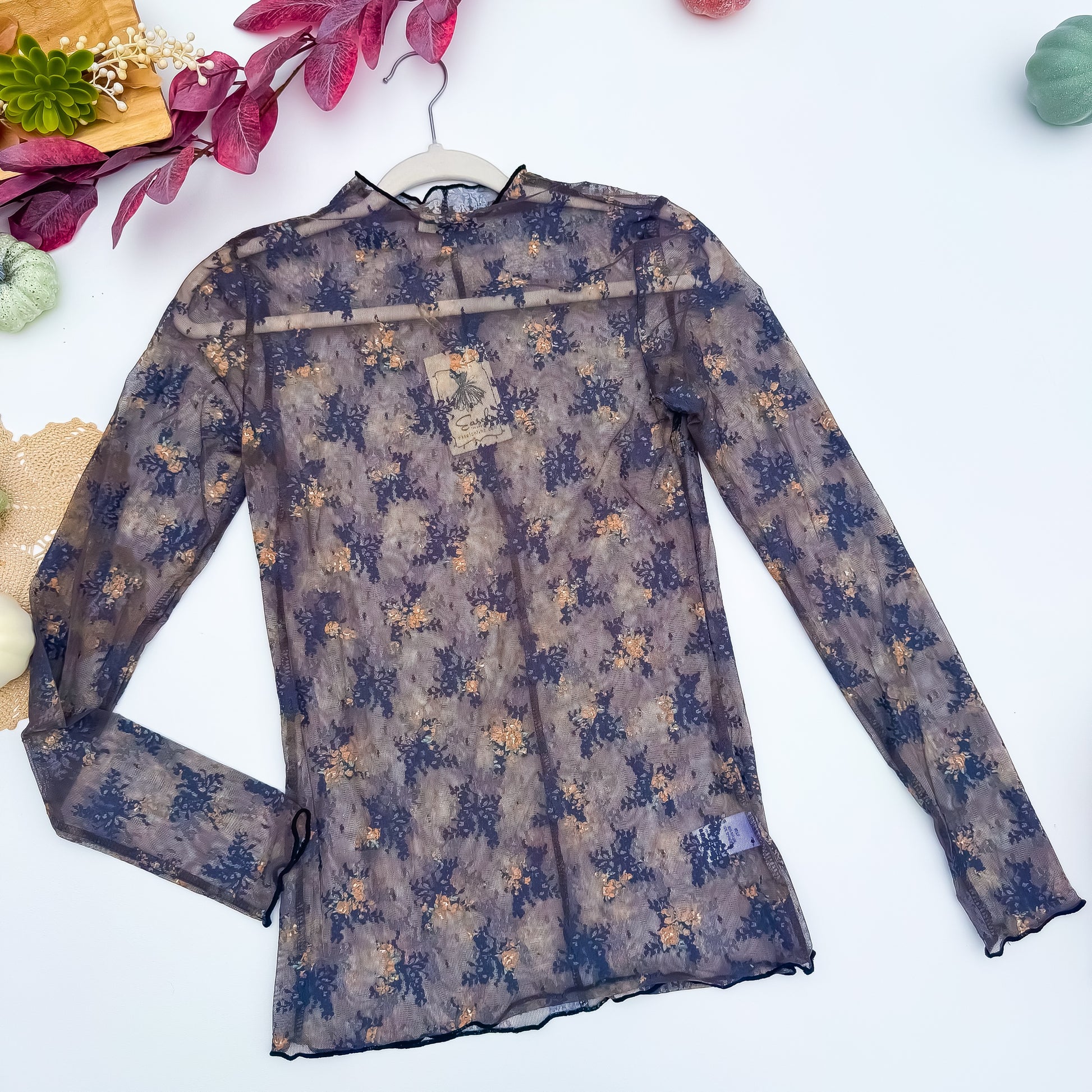 Midnight Blooms Sheer Floral Mesh Mock Neck Top