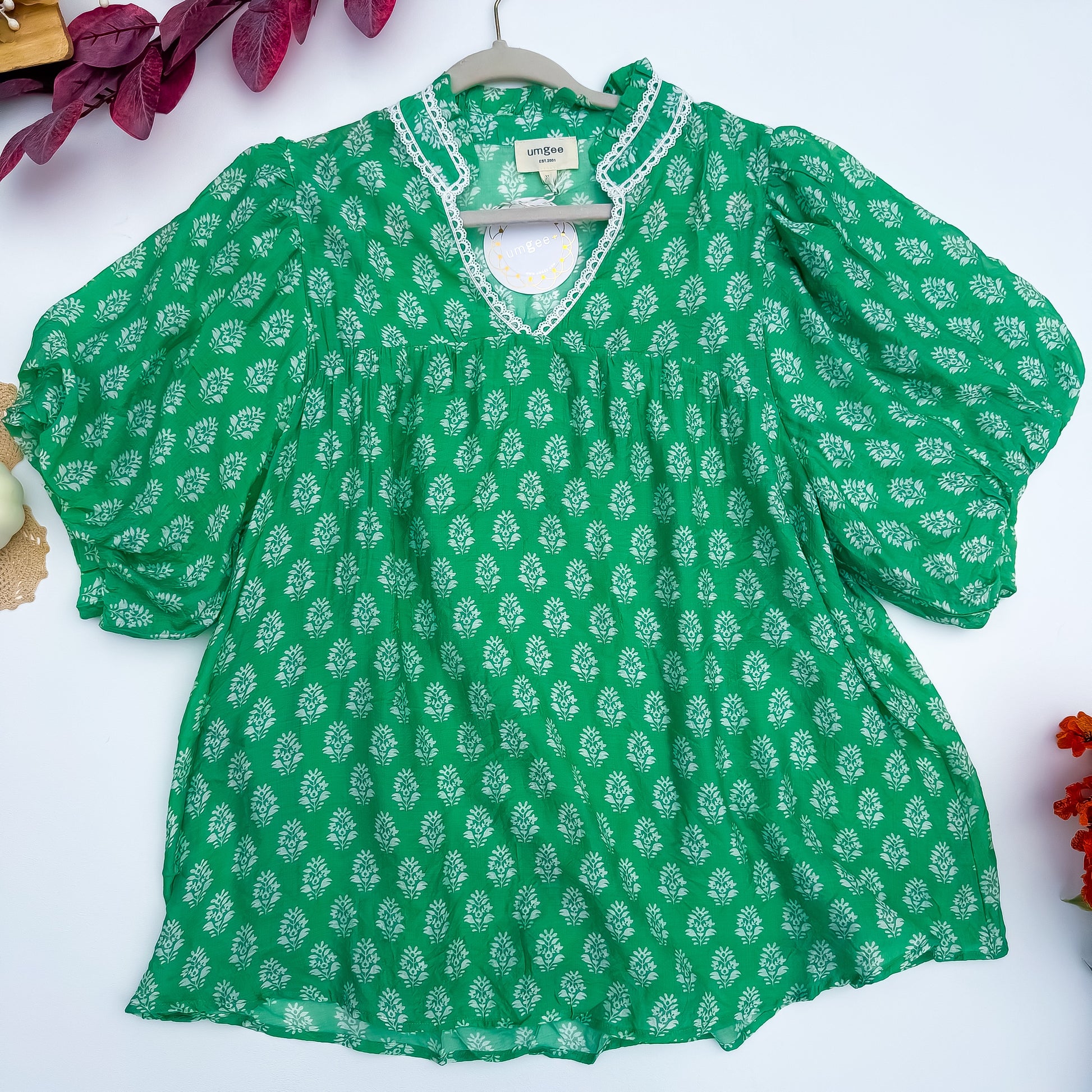 Emerald Meadow Lace Trim Block Print Blouse